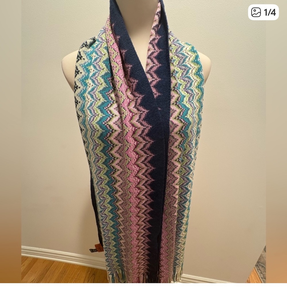 Missoni Italy Zigzag Knit Wool Blend Scarf | Multicolor Fringe - Picture 2 of 5